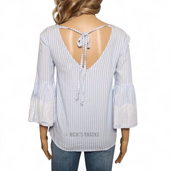 Blue Rain Striped Bell Sleeve Blouse Lace Trim Tie Back Boho Chic Light Blue XS - Picture 5 of 11